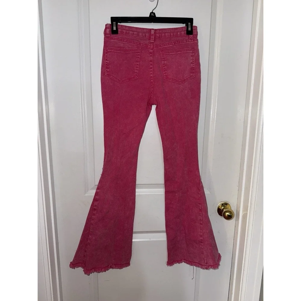 Ladies Blue B Collection Pink Denim Rhinestone Accent Pockets Bell Bottom Size S